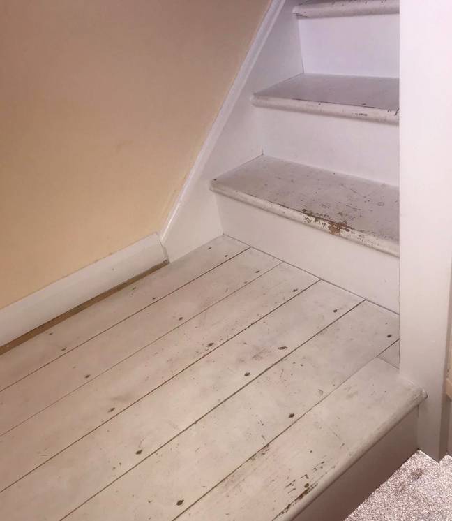The before shot: Adele's painted stairs were looking tatty thanks to old peeling paint (Credit: Caters)