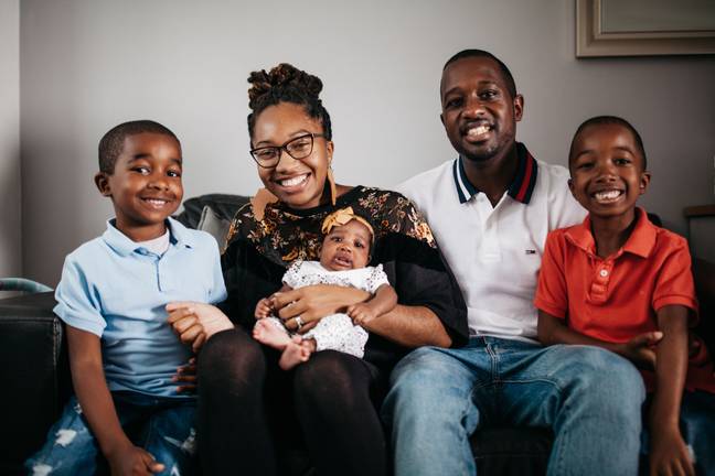 Hermisha Nkrumah, who was overdue, with her husband Shabazz and their children. (Credit: BBC Two)