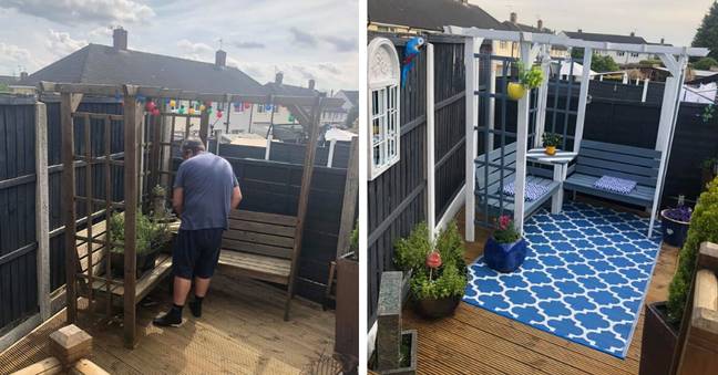 Carol gave her arbour a lick of paint and used rugs and cushion covers from Amazon to transform the space (Credit: Carol Willis Pink)