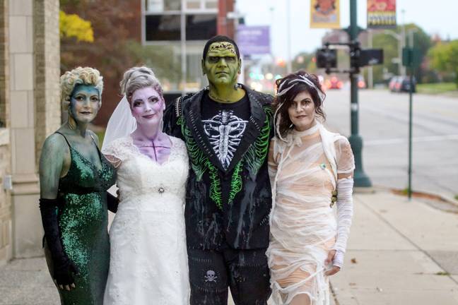 The bridesmaids were dressed as the Creature from the Black Lagoon and The Mummy. (Credit: SWNS)
