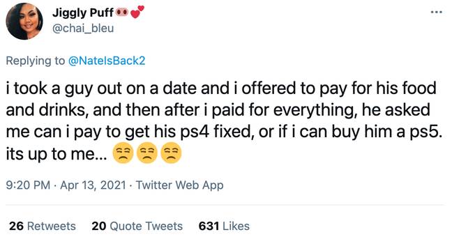 One Twitter user said her date asked her to pay for his PS5 (Credit: Twitter)