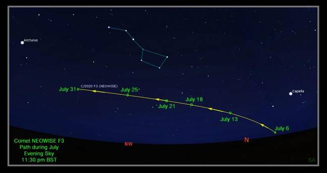 Use the RAS finder chart to spot the comet from different dates from UK latitudes (Credit: Royal Astronomical Society)