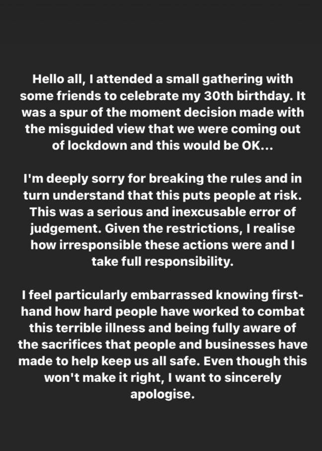 Rita posted the apology on Instagram (Credit: Rita Ora/Instagram)