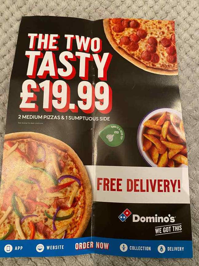 People are losing it after spotting this NSFW Domino's leaflet, top right (Credit: Facebook)