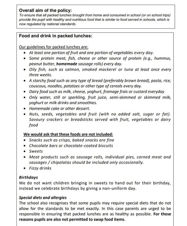 Robin's school sent out the list of lunchbox requirements to parents (Credit: Caters)