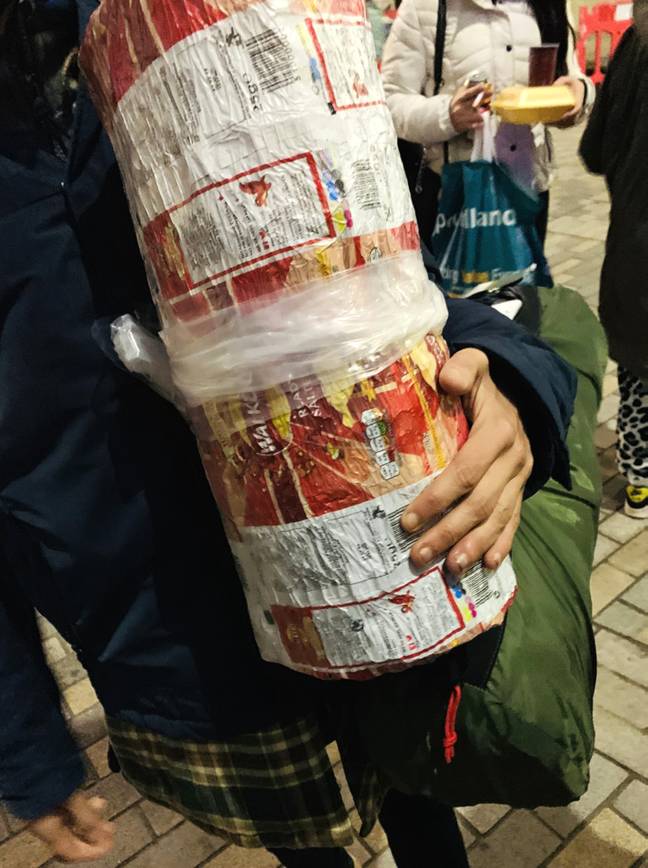 They've made 10 sleeping bags so far out of the packets. (Credit: Mercury Press and Media)