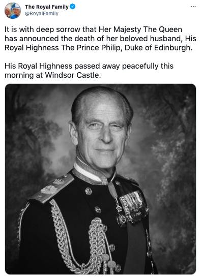 The Duke of Edinburgh has died at the age of 99, the Queen has announced (Credit: The Royal Family/Twitter)