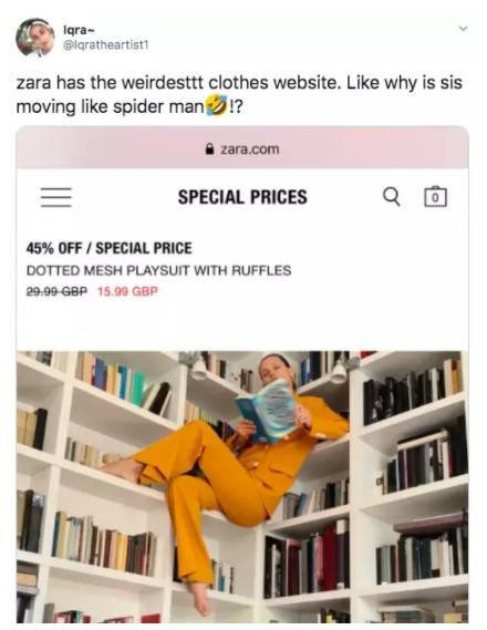 In May, Zara were ridiculed for their SS20 campaign imagery which featured models shot in unusual poses around a swish apartments (Credit: Twitter)
