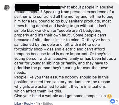 One woman tells a heartbreaking story of why she was denied sanitary products. Credit: Facebook