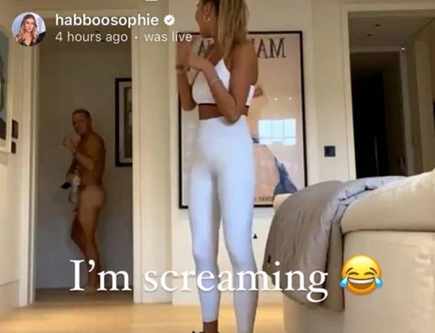 Sophie spots naked Jamie behind her while on Instagram live (Credit: Instagram/ Sophie Habboo)