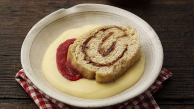 Jam roly poly is fruit jam rolled into a delicious suet pastry baked to perfection. (Credit: Wiltshire Farm Foods)