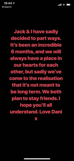 Dani made the announcement last night but it was soon deleted from her story. (Credit: Instagram/Dani Dyer)