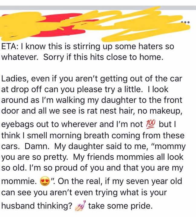 The mum urged other parent's to 'spend time on their appearance' before doing the school run. (Credit: Sanctimommy/Facebook)