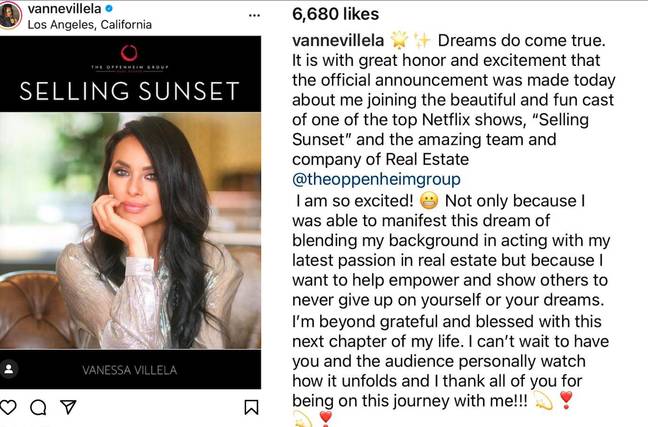 Vanessa said it was a 'dream come true' when she announced she was joining the cast (Credit: Vanessa Villela-Instagram)