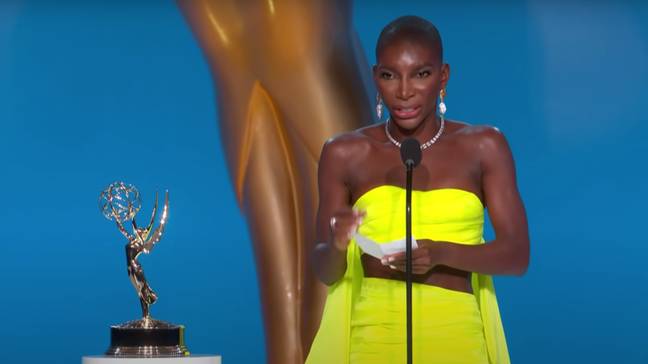 Michaela Coel accepting an Emmy Award for Best Writing