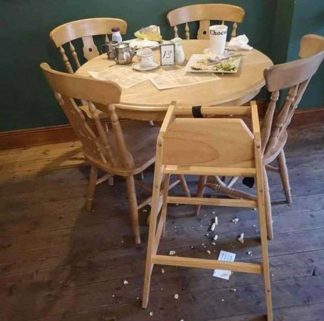 Crumbs and crusts can be seen under the high chair (Credit: SWNS)