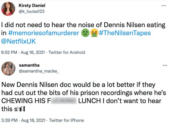 Viewers were creeped out after hearing Dennis Nilsen chewing his lunch (Credit: Twitter)