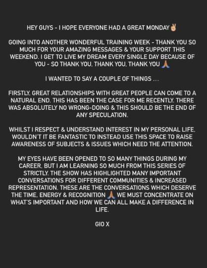 Giovanni posted this statement on his instagram stories (Credit: Instagram - giovannipernice)