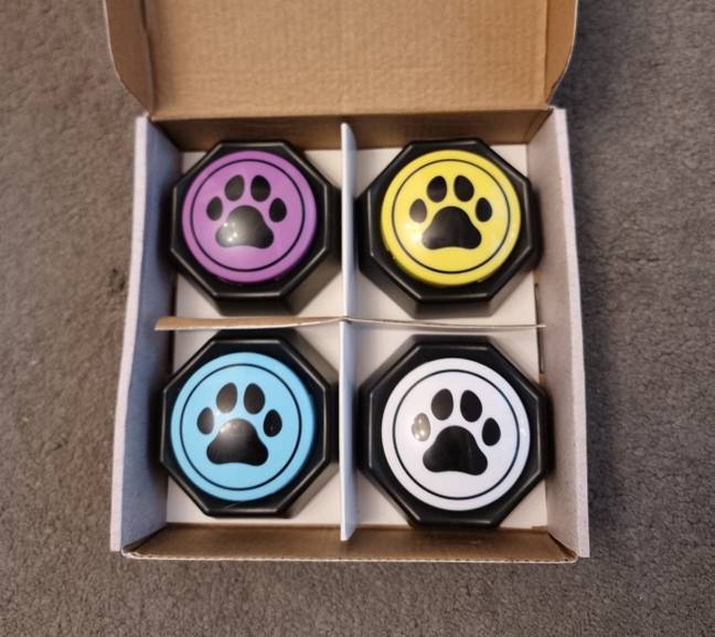The buzzers let you record different words and commands to communicate with your pets. Credit: Catherine Lamb