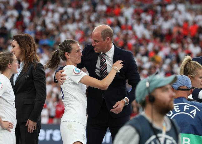 Jill Scott and Prince William celebrated the historic win on the pitch. Credit: Action Plus Sports Images/Alamy Stock Photo.