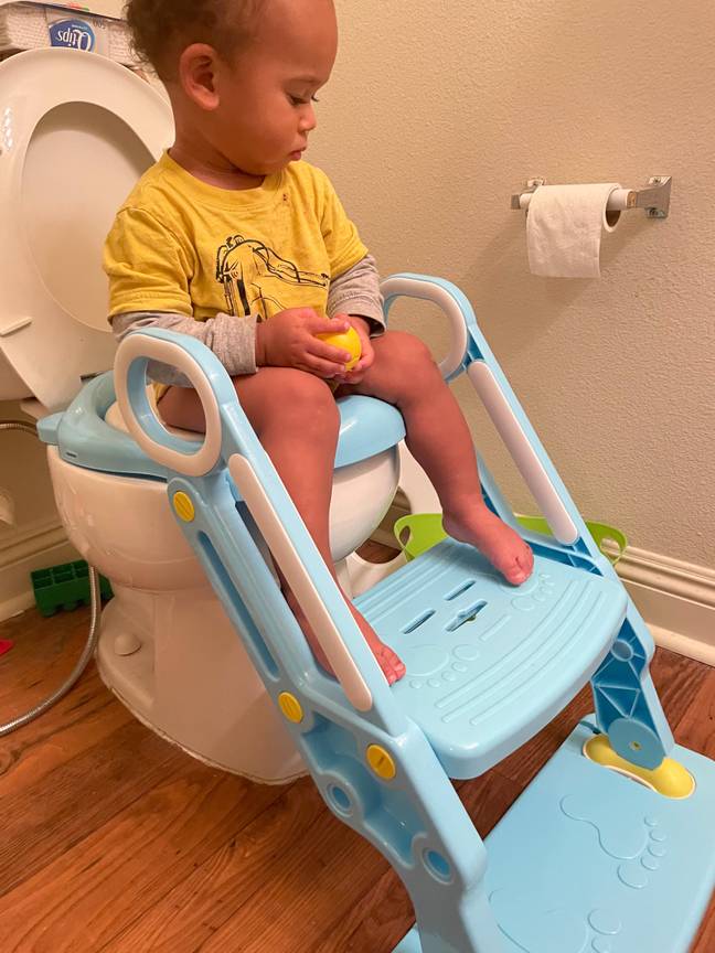 Zander uses a stepladder to use the loo (Credit: Caters)