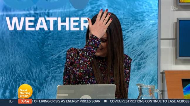 Laura hid her head in her hands as Ben and Kate teased her on air. (Credit: ITV/Good Morning Britain)
