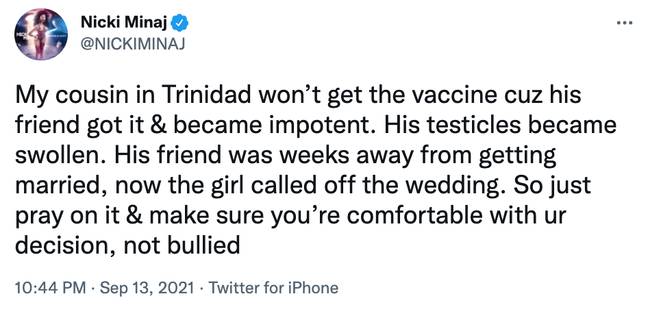Nicki Minaj claimed her cousin's friend had swollen testicles after taking a Covid-19 vaccine (Credit: Twitter)