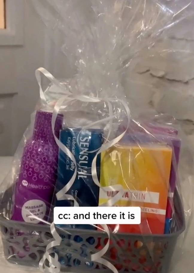Mum Jade shows off her hamper of sex gifts for her 16 year old son for his birthday. (Credit: TikTok/@jadamson98official)