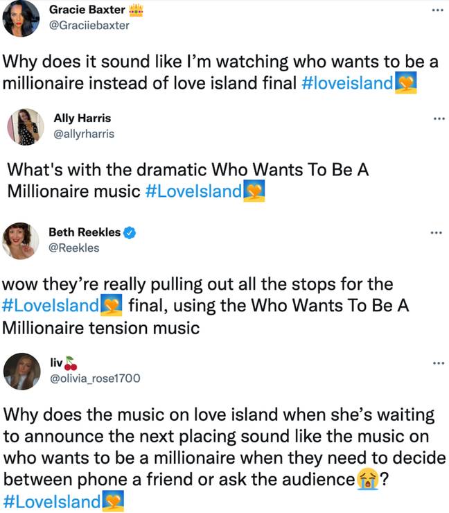 Love Island fans on Twitter said the music sounded like Who Wants To Be a Millionaire? (Credit: Twitter)