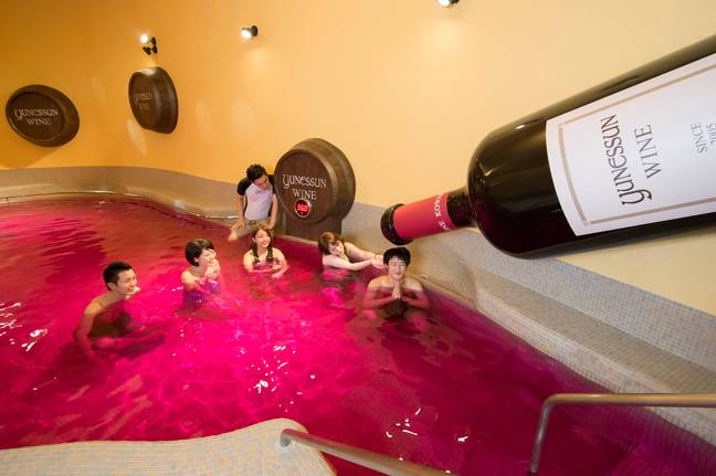 At tge Yunessun Spa Resort in Japan, you can swim in red wine. Credit: Yunessun website.