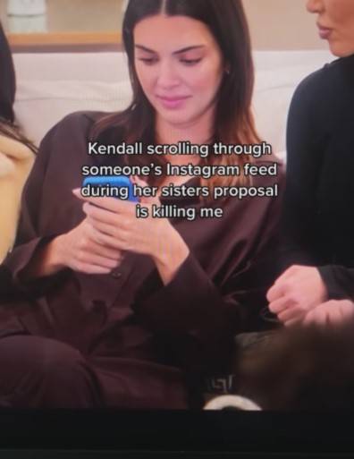 Kendall was caught scrolling on her Instagram after Kourtney's engagement (Credit: Instagram/Kardashian Clips)