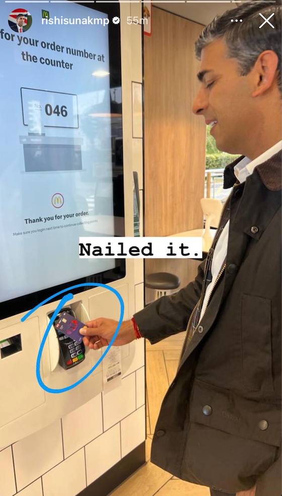 Sunak supposedly paying in McDonald's. Credit: Instagram/@RishiSunakmp