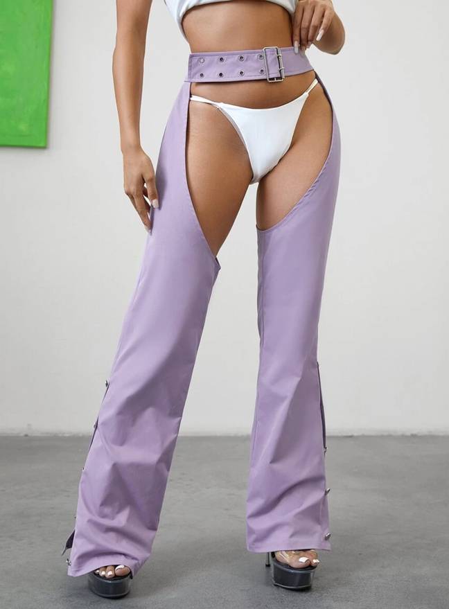 Shoppers have been left baffled over a pair of purple cut-out trousers being sold on Shein. Credit: Shein