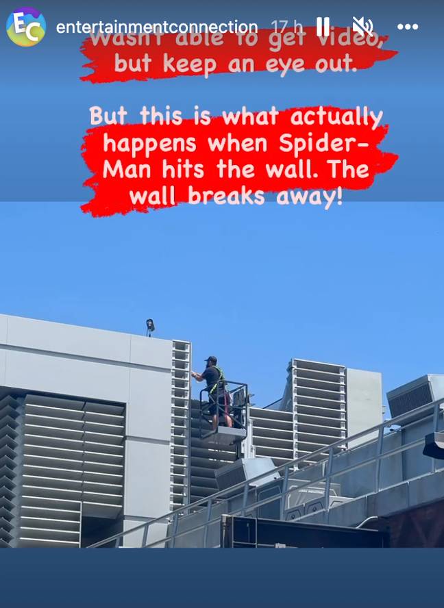 Crew members worked to fix the wall after Spider-Man's crash. Credit: The Entertainment Connection/Instagram