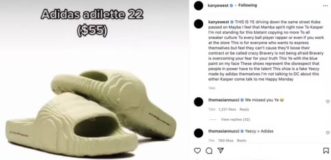 Kanye West hit out at Adidas over their new Adilette 22 slides in a now-deleted Instagram post. Credit: Instagram/kanyewest