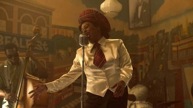 Dukureh featured as Big Mama Thornton in Baz Luhrmann’s Elvis and also recently appeared alongside singer Doja Cat for her song Vegas. Credit: Warner Bros. 