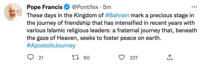 The Pope is in Bahrain for three days. Credit: Twitter