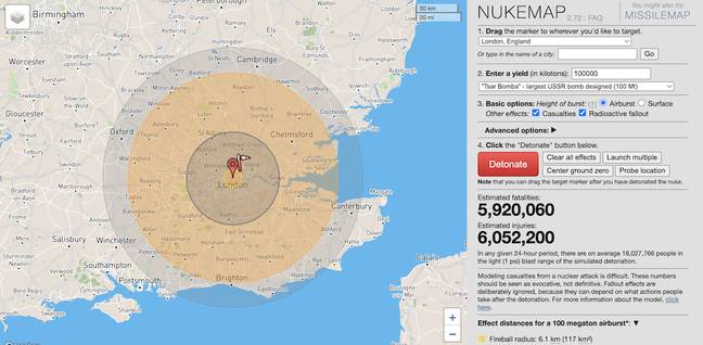 This is what would happen if the 'Tsar Bomba' hit London. Credit: Nukemap