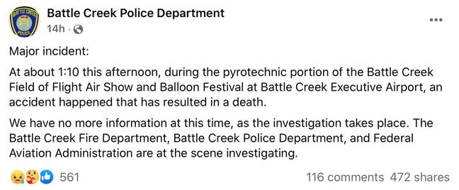 The Battle Creek Police Department in Michigan released a series of official statements via their Facebook page. Credit: Battle Creek Police Department/Facebook