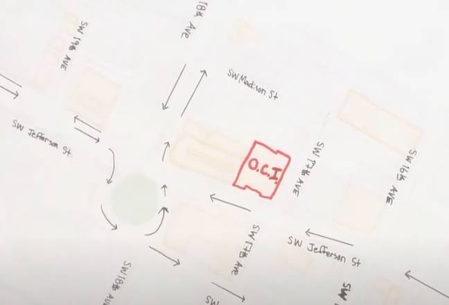Crampton Brophy explained her movements on the day of her husband's murder with the help of a map. Credit: KGW News/ YouTube