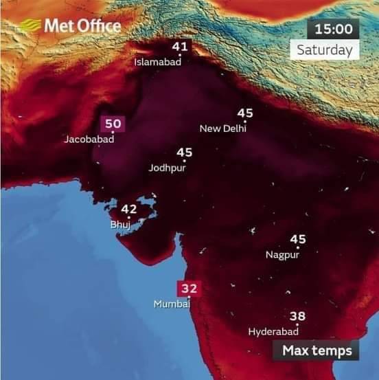 Temperatures are set to breach 50C in Pakistan. Credit: Met Office