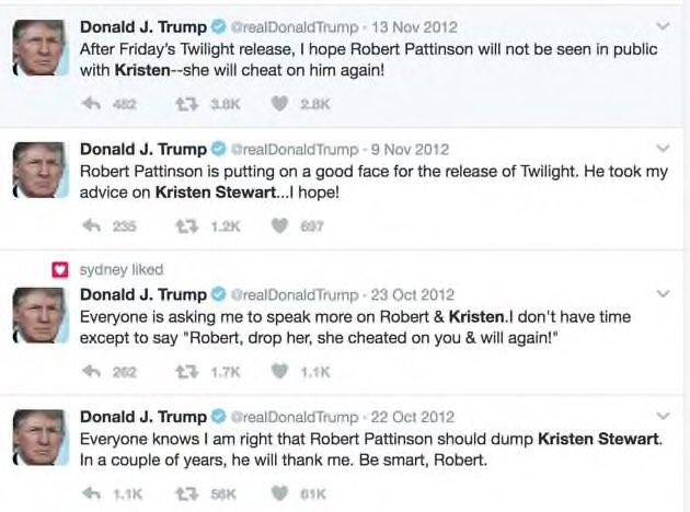 Untuk beberapa alasan Trump sebenarnya menjalin hubungan dengan Kristen Stewart dan Robert Pattinson. Kredit: Twitter