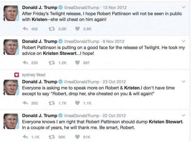 Untuk beberapa alasan Trump sebenarnya menjalin hubungan dengan Kristen Stewart dan Robert Pattinson.  Kredit: Twitter