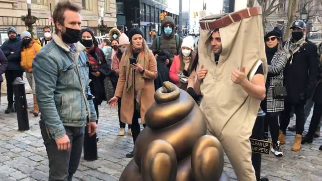 Mr. Pants previously placed a statue of a giant pile of poop behind the famous bull sculpture on Wall Street. Credit: Instagram/thatsmrpants
