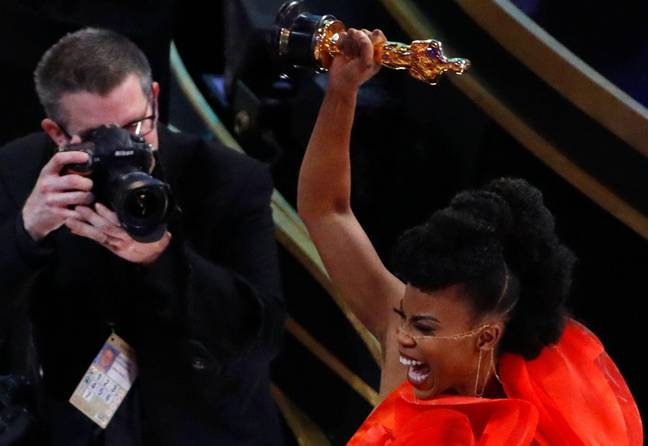 Hannah Beachler celebrating her Oscar win for Best Production Design. Credit: Alamy