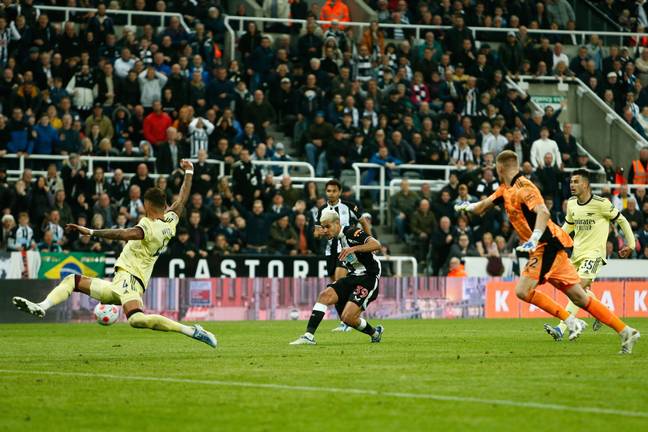 Bruno Guimarães scores Newcastle's second goal against Arsenal.  Image credit: Alamy