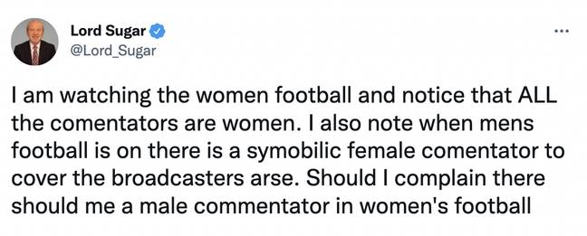 Alan Sugar faces big backlash for posting tweet on women commentators at Euro 2022 - Fan Banter