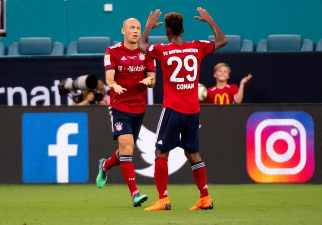 Robben and Coman celebrate during the pre season win against City. Image: PA Images