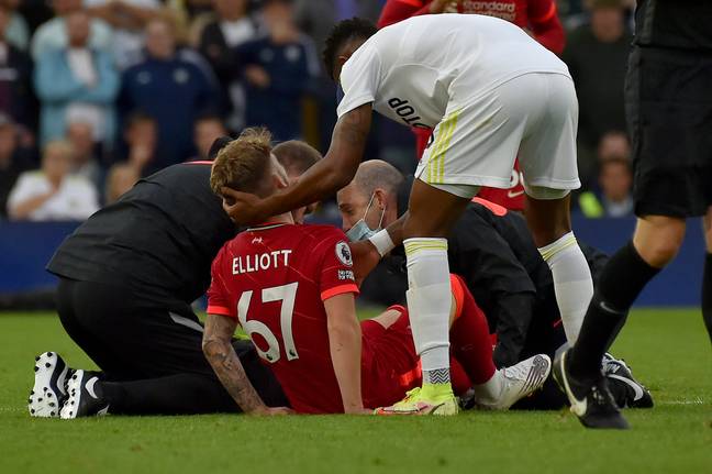 Harvey Elliott was carried off the field on a stretcher and rushed to hospital following a challenge by Leeds defender Pascal Struijk