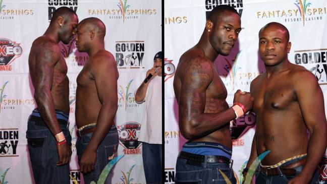 Deontay Wilder (left) and Harold Sconiers (right) at the weigh-in ahead of their 2010 boxing fight in Indio, California. Credit: Fantasy Springs’ Flickr.